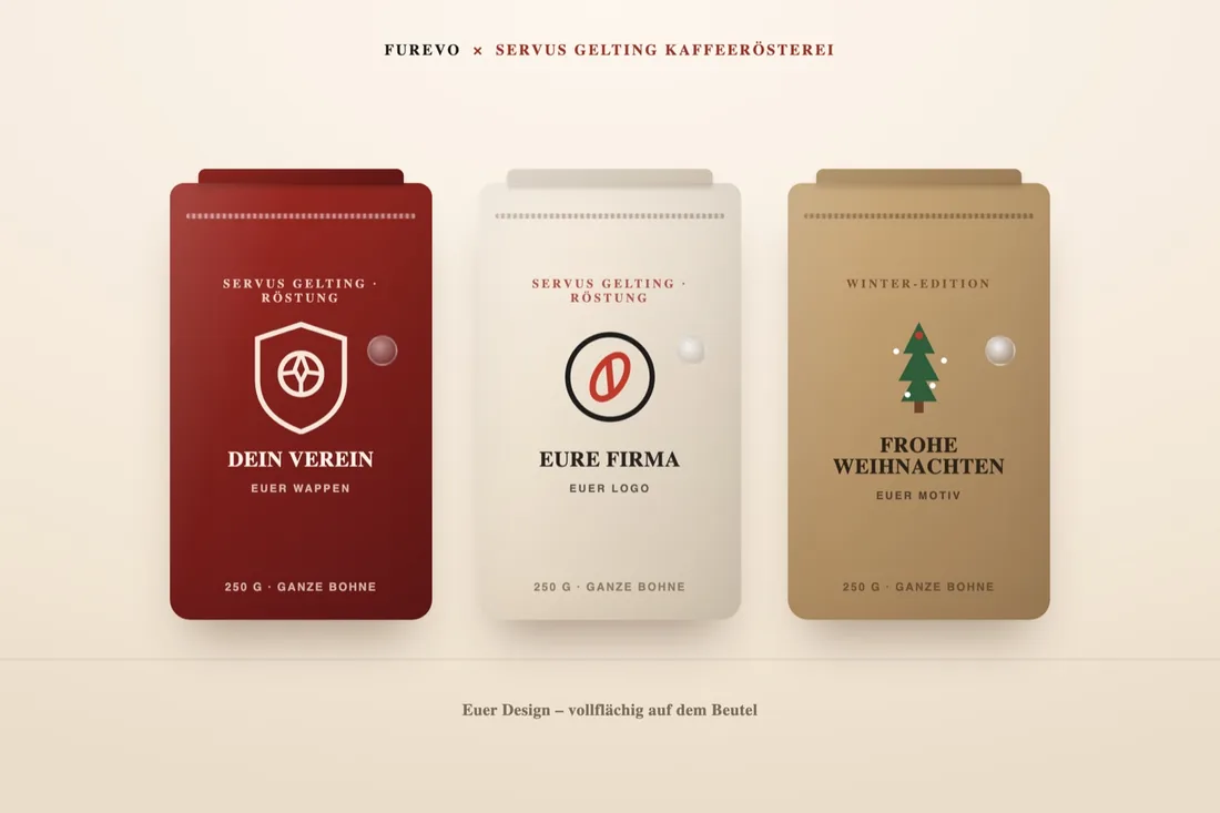 Beispielvisualisierung: Kaffeebeutel im eigenen Design – Vereinswappen, Firmenlogo, Weihnachtsmotiv