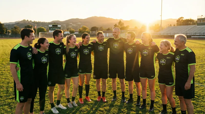 Komplettes Sportteam bei Sonnenuntergang in einheitlicher Bekleidung